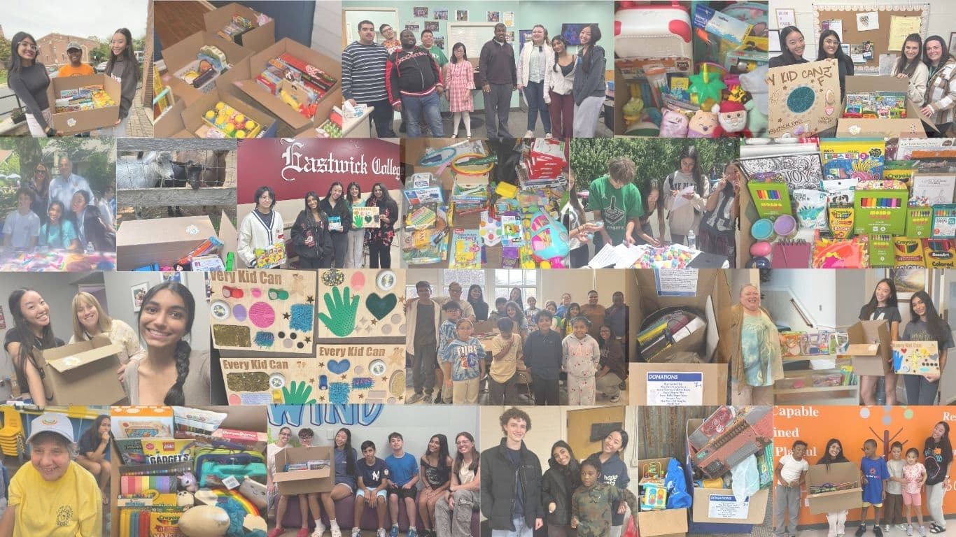 Collage of Every Kid Can volunteers, community activities, handmade sensory boards, and toy donations
